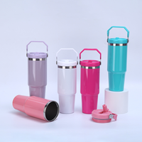 Gobelet isotherme à double paroi en acier inoxydable de 500 ml avec poignée, couvercle et paille, style américain, maintien thermique de 6 à 12 heures