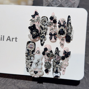 Uñas Postizas Largas Stiletto TSZS con Decoración de Corazón Azul y Lazo de Diamantes, Uñas Artificiales de Moda Y2K, Uñas Acrílicas Hechas a Mano - Product Image 5
