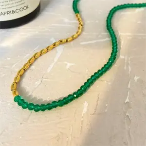 Green Crystal Layer Semi-Precious Stone PVD 18K Gold Plated Stainless Steel Beads Chain Necklace joyas de acero inoxidable