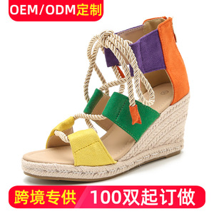 Sandalias de cuña para mujer, coloridas, con cordones, punta abierta, tacón de paja, transpirables, con correa trasera, estilo étnico - Product Image 5