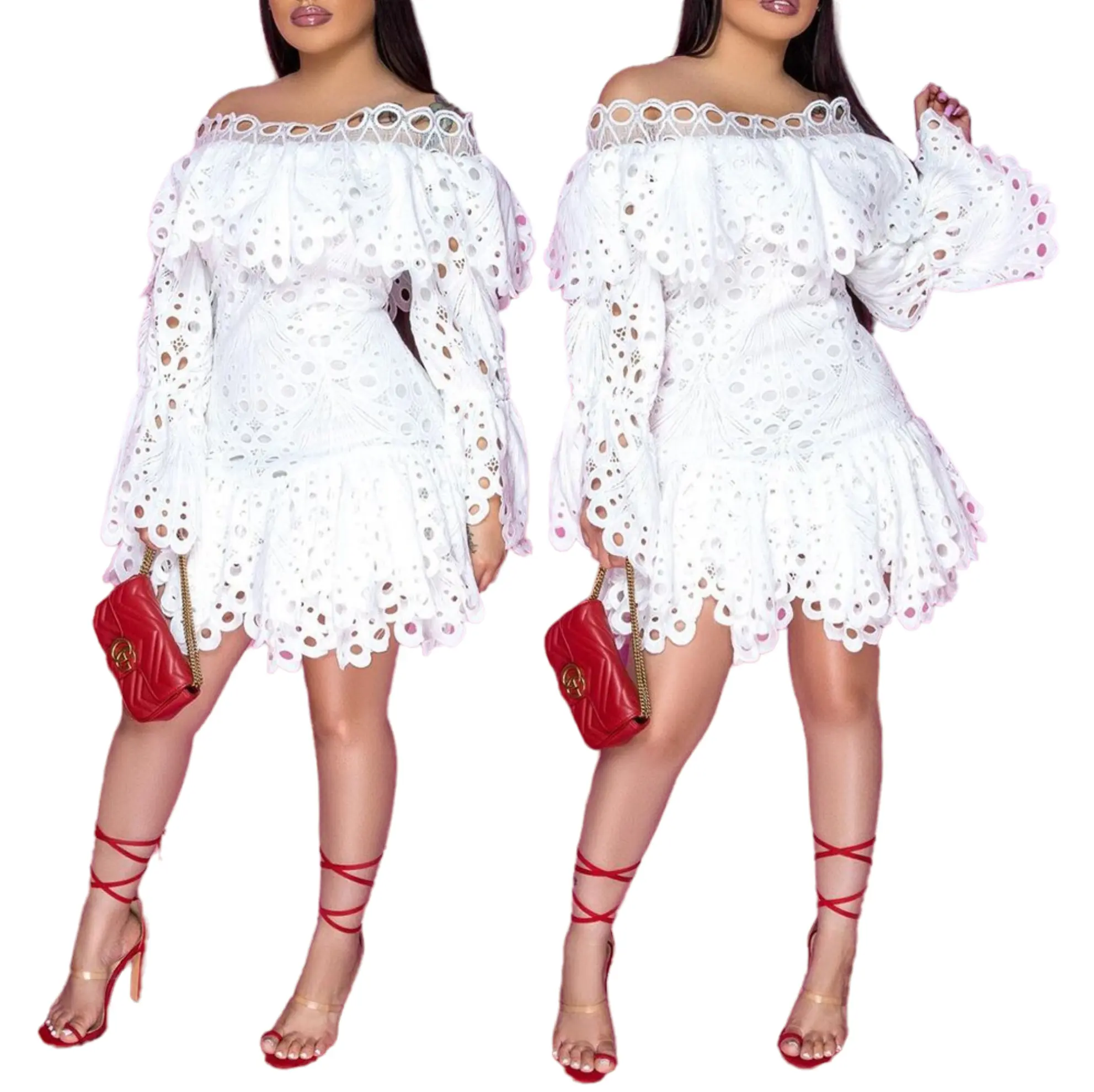 X6075 Chic Hollow Out Long Sleeve Ruffle Lace Dresses Women Fall Dress Off Shoulder White Mini Dress