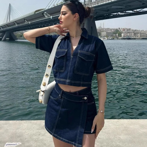 Ensemble en jean pour femme, bleu clair, haut à manches courtes, jupe taille haute, style décontracté, street fashionista, tailles S, M, L, XL - Product Image 4