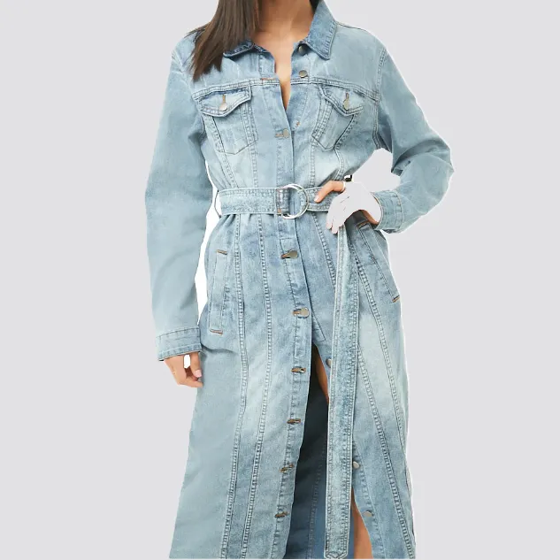 Women clothing Custom logo ladies denim belt jeans jaket women trench coat ladies long jacketss women