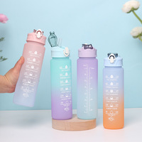 Botella de agua deportiva de plástico de 750 ml (24 oz) con marcador de tiempo y pajita, a prueba de fugas, motivacional para fitness, en stock, logotipo personalizado