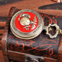 Reloj de Bolsillo de Cuarzo con Temática del Cuerpo de Marines de los Estados Unidos, Estilo Antiguo y Vintage, Color Rojo, con Cadena y Collar, Ideal para Regalo
