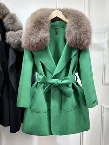 JANVENY-<span class=keywords><strong>Chaqueta</strong></span> de <span class=keywords><strong>Lana</strong></span> de Doble Cara para <span class=keywords><strong>Mujer</strong></span>, Gabardina Corta con Cuello de Piel de Zorro Natural Real, Bolsillos con Cinturón, Prendas de Vestir - Product Image 2