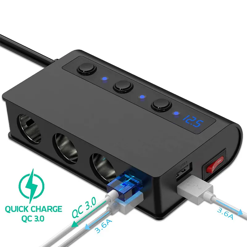 Adaptador de encendedor Divisor de encendedor de 3 enchufes con pantalla de voltaje LED 4 interruptores de encendido/apagado del cargador de coche USB