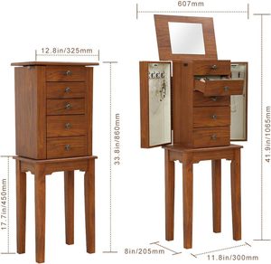 5 cassetti 8 ganci collana in legno in piedi armadietto per gioielli in legno cassa di stoccaggio con ripiano superiore organizzatore di stoccaggio <span class=keywords><strong>a</strong></span> <span class=keywords><strong>specchio</strong></span> - Product Image 4