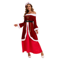 Vestido de Navidad Yi Xiaoyi para Mujer Adulta, Vestido Rojo de Terciopelo con Hombros Descubiertos y Adorno de Piel, Tallas M-6XL, Conjunto Completo