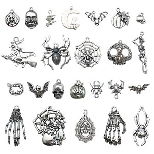 Pendentifs tibétains en argent pour Halloween, 24 styles variés, breloques tête de mort, citrouille, araignée pour accessoires de bijoux DIY, décoration de fête unisexe - Product Image 5
