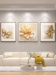 Art mural en relief 3D simple et moderne de luxe léger, <span class=keywords><strong>triptyque</strong></span> encadré avec des <span class=keywords><strong>fleurs</strong></span> de papillon, salon, fond de canapé, <span class=keywords><strong>peinture</strong></span> suspendue - Product Image 3