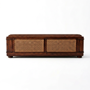 Banco de Ratán y Madera de Caoba Sólida, Consola de Entretenimiento Moderna, Mueble de Almacenamiento de Madera, No Plegable, para Sala de Estar - Product Image 1