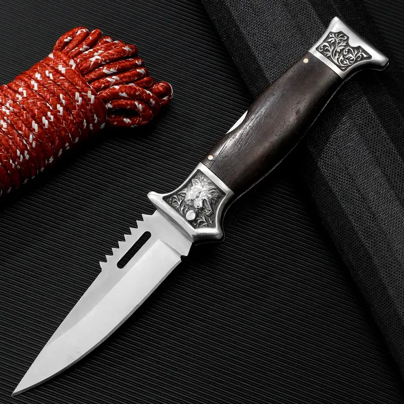 Promotion father's day gift wood handle outdoor folding pocket knife wolf bolsters hunting knife with nylon pouch