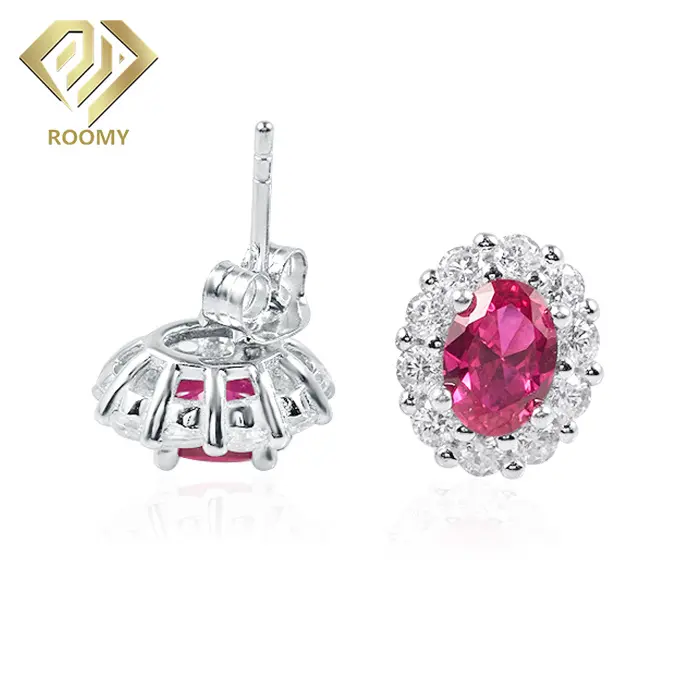 Trendy Mode Perhiasan 18K Emas Disepuh Stud Earrings Oval Cut Lab Tumbuh Ruby Silver Earring untuk Gadis