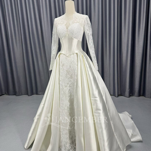 Lscm115 Elegante Vestido de Novia Dos en Uno con Corsé de Satén y Mangas de Encaje Color Marfil, Falda Sirena y Sobrefalda Desmontable en Línea A, Jancember - Product Image 5