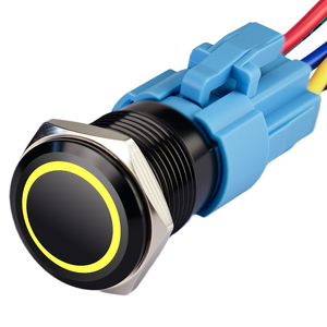 Interruptor de Botón Pulsador de Aluminio de 16 mm, IP65, Momentáneo y con Bloqueo, Tapa Negra, 5A 250V, con LED - Product Image 1