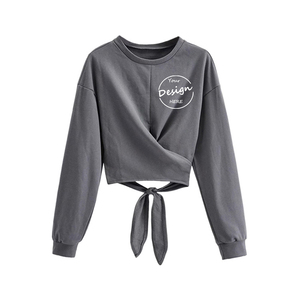 Winter Crew Neck Drop Shoulder Dark Gray Wholesale Blank Custom Logo Cross <strong>String</strong> Tie <strong>Top</strong> Women Pullover Crop Sweatshirt&amp;Hoodies - Product Image 2