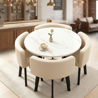 Table à manger ronde en marbre blanc + chaises en cuir beige, mobilier de salle à manger moderne 4 places pour négociations commerciales