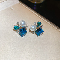 Anting Tusuk Wanita Vintage Biru Cyan Motif Bunga Retro Tetesan Minyak Tembaga Batu Alam Imitasi Mutiara Pesta Kelas Atas Buatan Pabrik