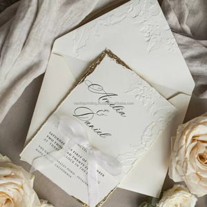Vanilla <b>Printing</b> Custom Wedding Invitation with Torn Edge Vintage Handmade Cotton <b>Paper</b> Cards and Custom Logo Option - Product Image 4