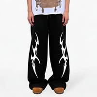Pantalon Palazzo Homme Noir Personnalisé 100% Coton avec Transferts DTF Imprimé Flamme, Coupe Ample, Tendance, Haute Qualité, Décontracté, Streetwear, avec Cordon de Serrage