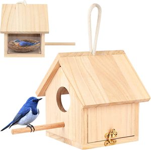 บ้านนกกระจอกสีฟ้าสำหรับกลางแจ้ง ทำจากไม้ พร้อมที่แขวน - Product Image 1