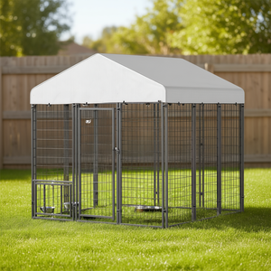 Chenil extérieur pour chiens de 5.9 'x 5.9' x 6 'avec toit rotatif et bols réglables à 4 niveaux Maisons et meubles pour animaux de compagnie - Product Image 2