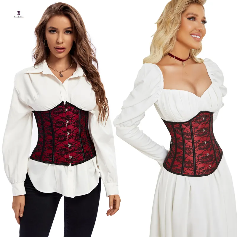 Women Fashion Waist Corset Flower Embroidery Elastic boned Red Lace Slimming Body Belts overlay waist shaper