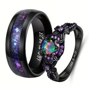 YBcustom 2 Buah Cincin Cetak Teks Pribadi untuk Pasangan Cincin Zirocn Hati Pernikahan Nama Terukir Kustom - Product Image 1