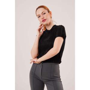 Chemisier en Soie Côtelée pour Femme, Manches Courtes, Broderie, Paillettes, Dentelle, Col Volanté, Taille XL, Formel, Plumes, Noir, Tricoté - Product Image 4
