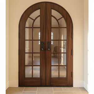 Puerta Doble Exterior Arqueada de Madera Moderna con Vidrio Templado, Diseño Contemporáneo para Entrada de Casa o Villa, Arquitectónica - Product Image 1