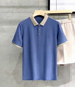 Camicia Estiva <span class=keywords><strong>da</strong></span> Uomo in Seta Ghiaccio a Righe con Colletto a Contrasto in Filo Dorato, Manica Corta, Casual - Product Image 1
