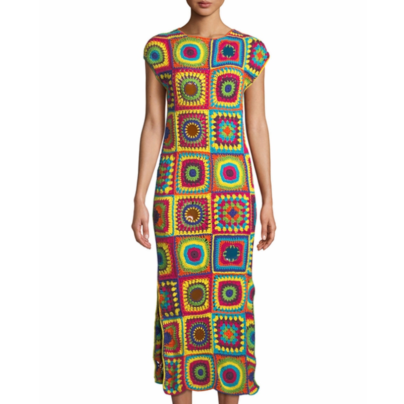 Высококачественное Платье макси с коротким рукавом в стиле пэчворк