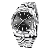Montre mécanique pour homme avec logo personnalisé OEM ODM, acier inoxydable, lunette cannelée, cadran noir, affichage de la date, montre-bracelet de luxe pour affaires