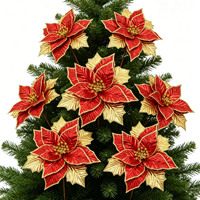 Flor de Poinsettia Navideña Roja y Dorada de Tela, 11 Pulgadas, Decoración Festiva de Lujo para Coronas y Guirnaldas, Venta al Por Mayor