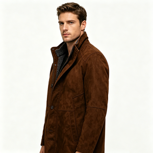 Manteau long en faux <span class=keywords><strong>daim</strong></span> de qualité supérieure pour homme, doublure Sherpa, col montant, fermeture à double zip et boutons, veste chaude décontractée et élégante pour le travail - Product Image 4