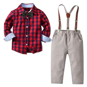 Online Shopping Boys Clothing Stylish Plain British Wind Long Sleeved Shirt Suspender Trousers Suit For Kids