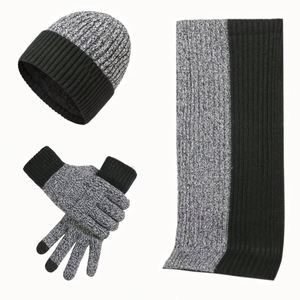 Ensemble bonnet, écharpe et gants en tricot jacquard à carreaux, épaissi, bicolore, pour l'automne et l'hiver - Product Image 1