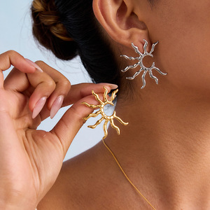 Geometric Sun <b>Stud</b> <b>Earrings</b> 18k Gold Stainless Steel Fashion Jewelry For Women - Product Image 4
