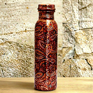 Bouteille d'eau en cuivre pur imprimée de luxe, faite à la main, design floral, gourde en cuivre anti-fuite, style ayurvédique - Product Image 1