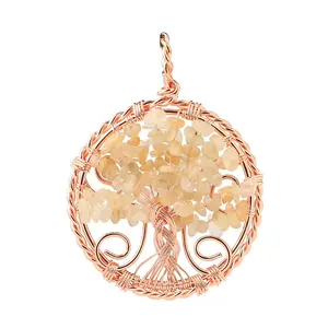 Perhiasan Kristal Alami Berlapis Emas Mawar, Liontin Pohon Kehidupan 7 Chakra