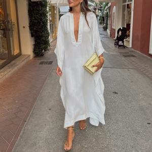 Nuevo Diseño de Primavera, Vestidos Elegantes de Alta Calidad, Vestidos Casuales Modernos y Holgados, Vestido Largo Sexy con Escote en V Profundo, Vestido de Lino para Mujer - Product Image 1