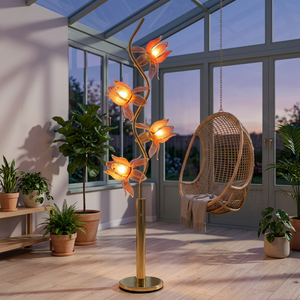 Lampe sur pied artistique en forme de fleur de lotus, abat-jour en verre en forme de pétale, base en métal solide, E26, multi-lumières, poteau incurvé, lampe sur pied décorative d'intérieur - Product Image 4