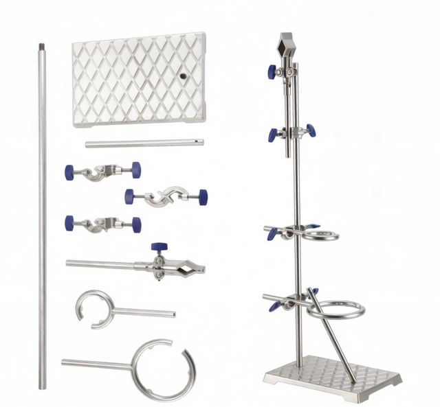 Laboratory Square-base Retort Stand Set: Includes Universal Clamp and Rings 618mm Z0113