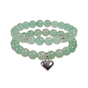 2 Pcs/Set 8mm Natural Rose Quartz Aventurine Round Stone Beaded Lucky Bracelet Set With Silver Puffy Heart Charm - Product Image 1