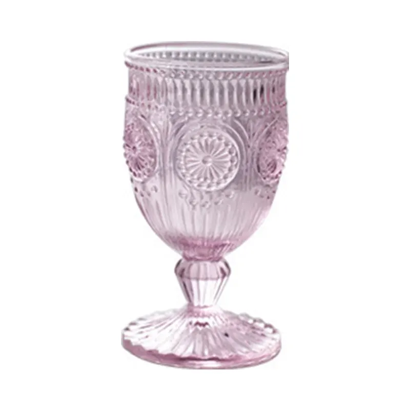 Wedding Party Pink Red Wine Glass 340ml Embossed Design Vintage Goblet Pressed Sunflower Glass Goblets for Water Juice