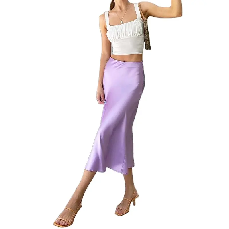 Solid Purple Satin Silk Skirt Women High Waist Summer Long Skirt New 2022 Elegant Ladies Office Skirts Midi Spring