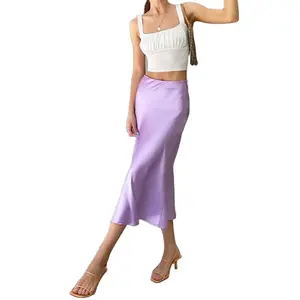 Falda de seda satinada de color púrpura para mujer, Falda larga de cintura alta, elegante, Midi, para oficina, Primavera, 2022