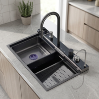 Évier cascade multifonctionnel intelligent avec sept touches piano, en acier inoxydable PVD noir nid d'abeille, évier de travail fait main