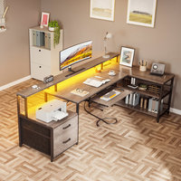AJUNION Bureau de jeu en forme de L avec lumières LED Tiroir à fichiers Ports USB Étagère de moniteur Table d'ordinateur d'angle pour la configuration du bureau à domicile
